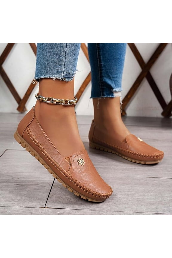 Womens Shoes Slip On, Orthopedic Shoes for Women, Women's Orthopedic Leather Loafers, Slip-On Flats, Casual Comfort Walking Shoes With Barefoot Feel, Anti-Slip Rubber Sole, Pu Upper, Camel 8