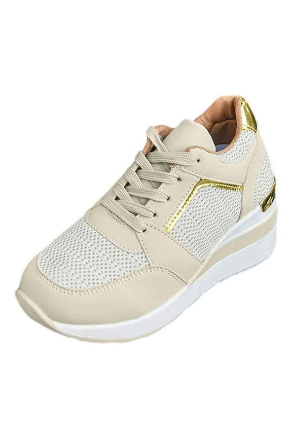 Womens Shoes,Sneakers For Travel Sports And Casual Outings Stylish Lace Up Design Comfortable Wedge Heel For Round Wear,Shoes for Women,Beige,9.5