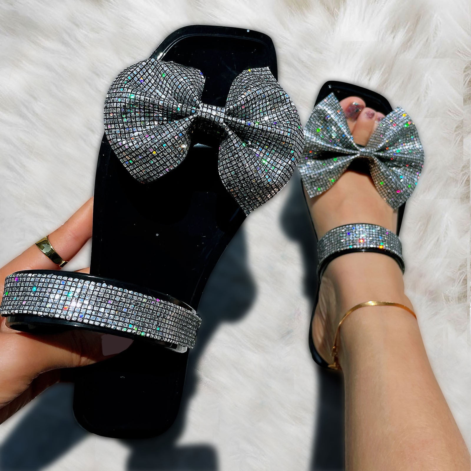 Womens Shoes Summer Slippers Sequin Bow Square Toe Slippers
