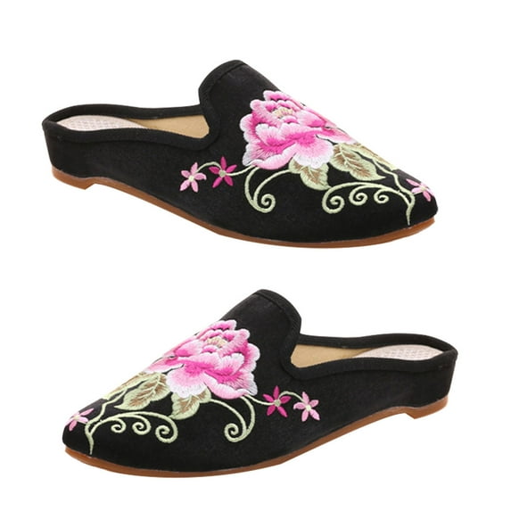Women’s House Slippers 1 Pair Comfortable Soft Ethnic Embroidery Floral Peony Design Ladies Indoor Footwear