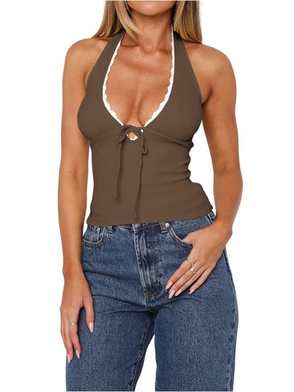 Womens Short Backless Tie Halter Neck Sleeveless Camisole Top Innerwear for Layering Coffee S