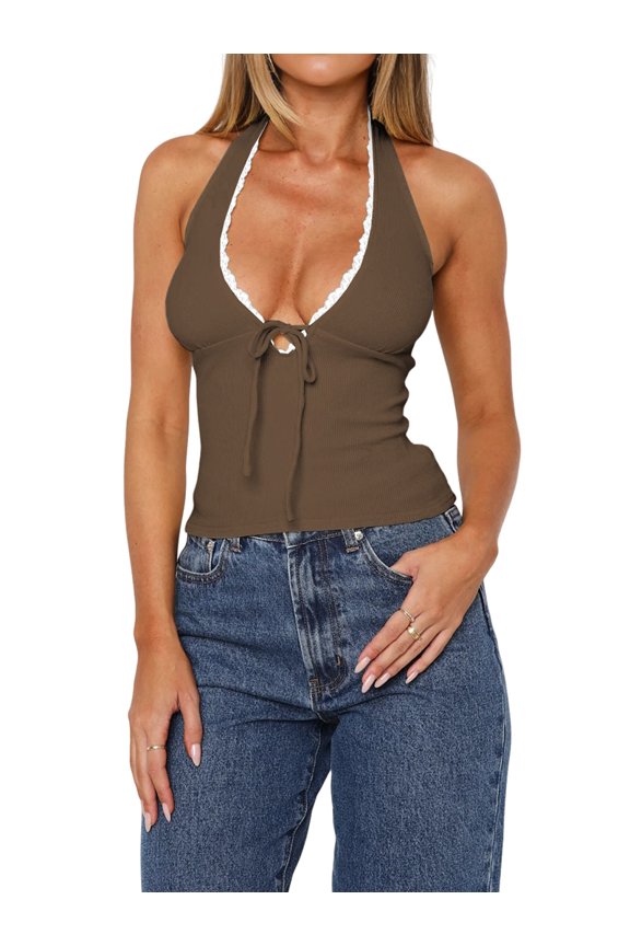 Womens Short Backless Tie Halter Neck Sleeveless Camisole Top Innerwear for Layering Coffee S