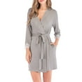 thumbnail image 1 of Womens Short Bathrobe Ladies V Neck Cardigan Bathrobes Three Quarter Sleeves Lace Cuffs Night Robes Thin Modal Pajamas Grey XL, 1 of 6