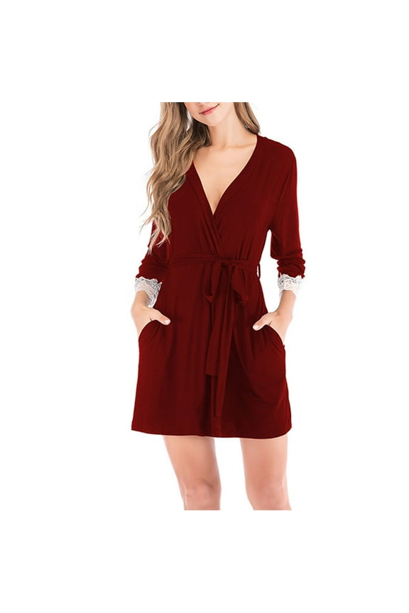 Womens Short Bathrobe Ladies V Neck Cardigan Bathrobes Three Quarter Sleeves Lace Cuffs Night Robes Thin Modal Pajamas Wine Red M