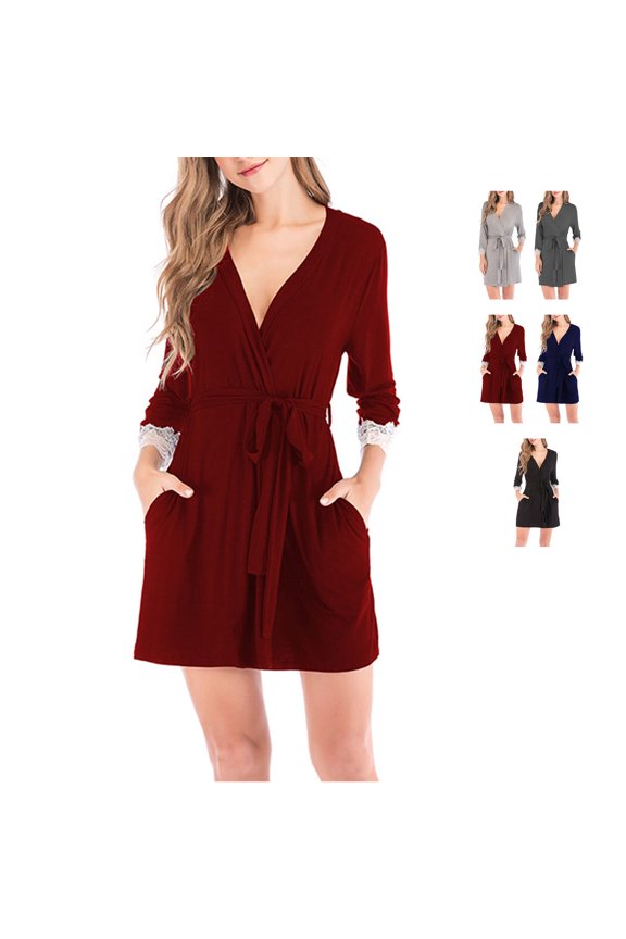 Womens Short Bathrobe Ladies V Neck Cardigan Bathrobes Three Quarter Sleeves Lace Cuffs Night Robes Thin Modal Pajamas