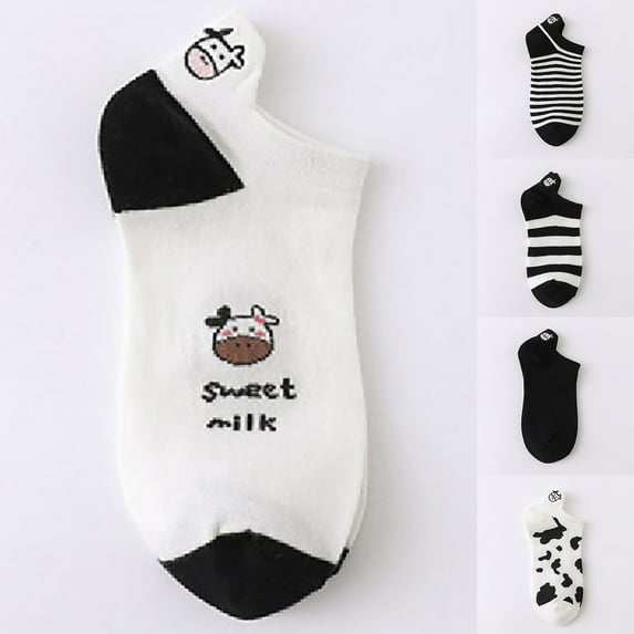 Womens Short Boot Socks Fuzzy Ankle Cow Print Cute Japanese Style Design