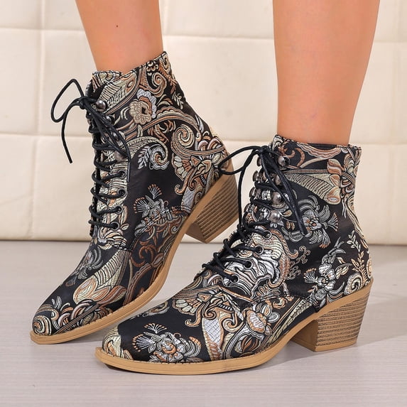 Womens Short Boots Ethnic Embroidered Pull On Lace Up Chunky Low Heel Fashion Ankle Boots Black 9.5