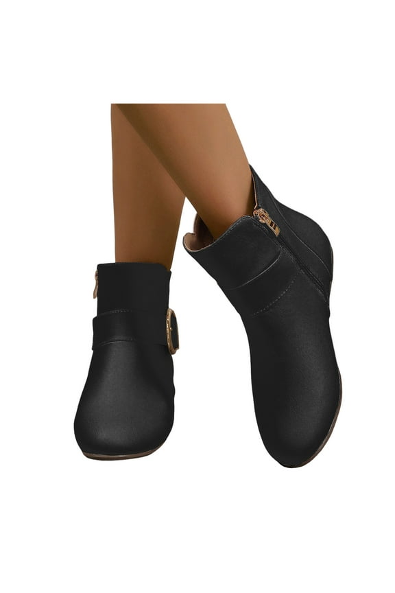 Womens Short Boots Fashion Buckle Leather Round Toe Flat Low Heels Dress Ankle Booties Winter Fall Shoes