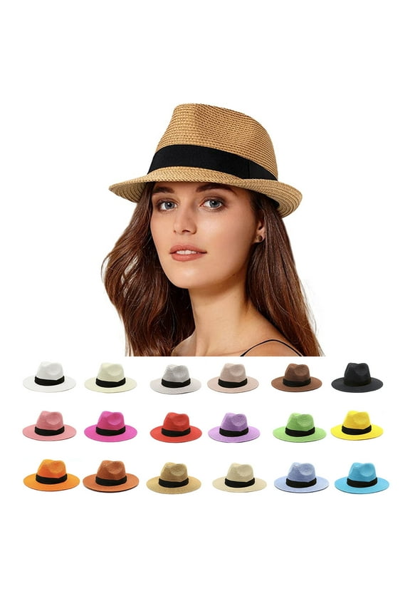 Womens Short Brim Straw Sun Hat Fedora Trilby Hat Panama Men Roll Up Packable Beach Hats