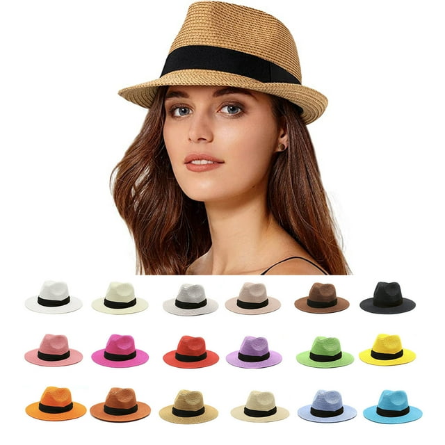 Womens Short Brim Straw Sun Hat Fedora Trilby Hat Panama Men Roll Up Packable Beach Hats