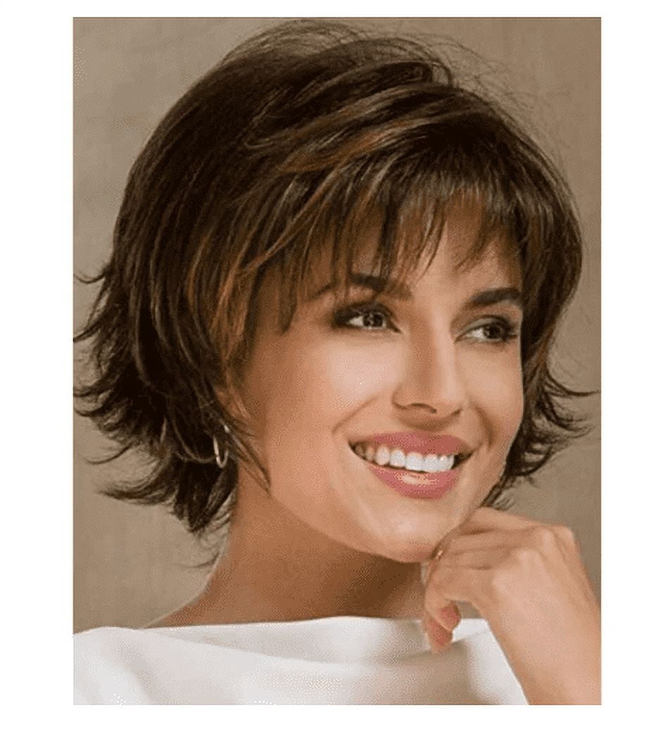 Womens Short Brown Pixie Wig Curly Synthetic Hair with Bangs Natural Wavy Cap