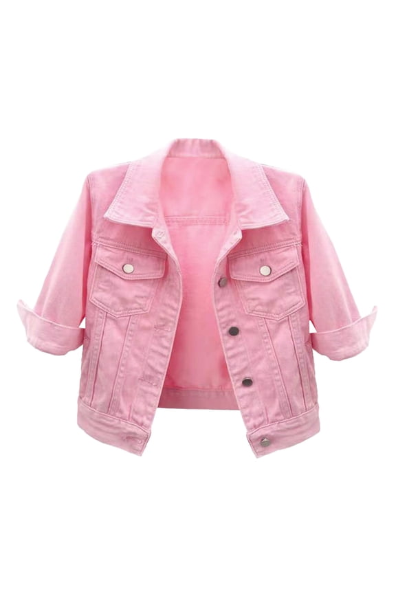 Womens Short Denim Jacket 3/4 Sleeve Lapel Button Down Cropped Trucker Coat Lightweight Retro Casual Motorcycle Jean Jackets