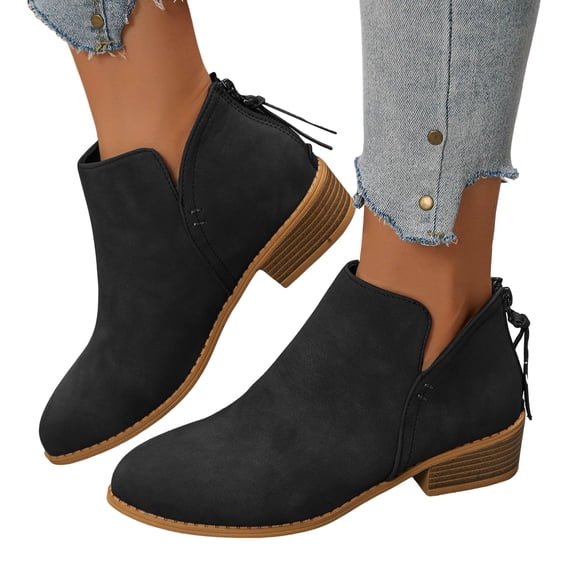 Womens Short Dress Boots Winter Fall Trendy Solid Leather Pointed Toe Low Heel Zipper Ankle Booties