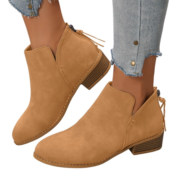 Womens Short Dress Boots Winter Fall Trendy Solid Leather Pointed Toe Low Heel Zipper Ankle Booties