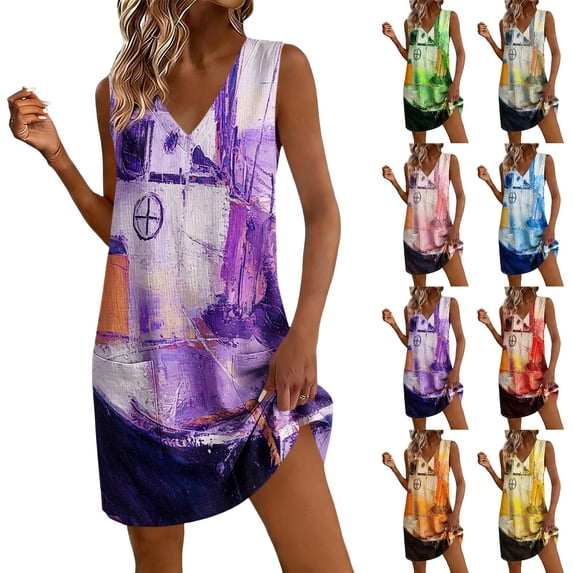 Womens Short Dresses Plus Size Floral Printed V-Neck Sleeveless Casual Loose Summer Vacation Beach Sundresses with Pockets