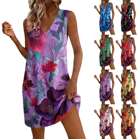 Womens Short Dresses Plus Size Sleeveless V-Neck Floral Printed Summer Flowy Casual Swing A-Line Sundress Beach Outfits