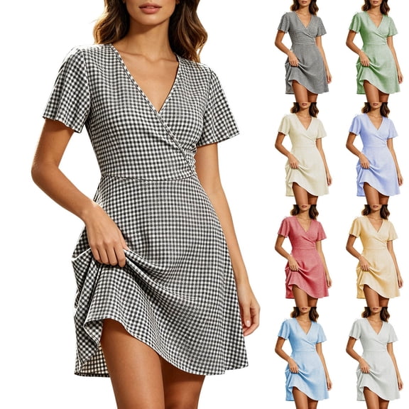 Womens Short Dresses Plus Size V-Neck Short Sleeve Plaid Print Casual Summer A-Line Loose Dress for Outdoor Beach Vacation