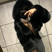 Womens Short Faux Fur Coat Plus Size 2024 Winter Warm Furry Fleece Cropped Jacket Long Sleeve Fur Coats Jackets Black L