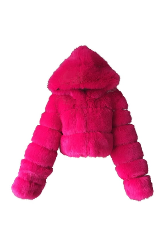 Womens Short Faux Fur Coat Plus Size 2024 Winter Warm Furry Fleece Cropped Jacket Long Sleeve Fur Coats Jackets Hot Pink XXL