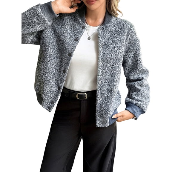 Womens Short Faux Fur Shearling Jacket Fall Winter Full Zip with Pockets Coats with Pocket Gray L