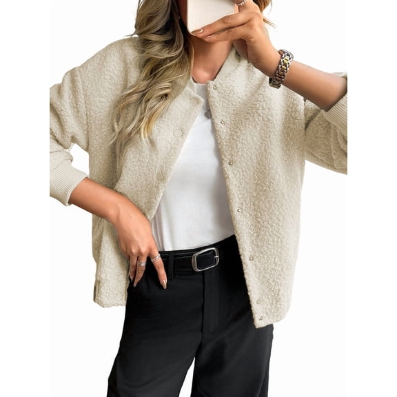 Womens Short Faux Fur Shearling Jacket Fall Winter Full Zip with Pockets Coats with Pocket Light Brown M