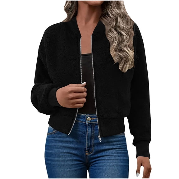 Womens Short Jackets Fleece Warm Casual Long Sleeve Zip Up Oversized Jacket Plain Soft Fashion Fall Winter Lightweight Trendy Comfy Basic Outerwear