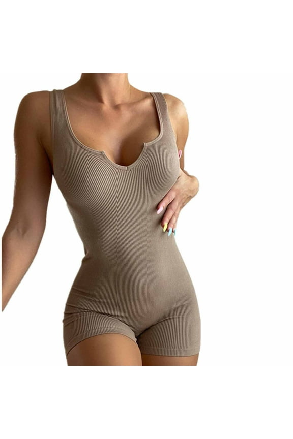 Womens Short Jumpsuit Clearance Solid Casual Leisure Slimming Coverall Bodysuit Onepiece Leotard Bike Shorts Women High Waisted Trousers Women Yoga Jumpsuits for Women,Brown,Xxl