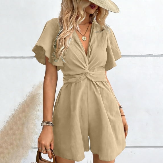 Womens Short Jumpsuits Ruffled Sleeve Tieknot Front Rompers Wide Leg Loose Summer Shorts for Women