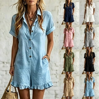 Womens Short Jumpsuits Short Sleeve Collared Button-Down Rompers for Women Ruffled Hem Straight Leg Shorts with Pockets