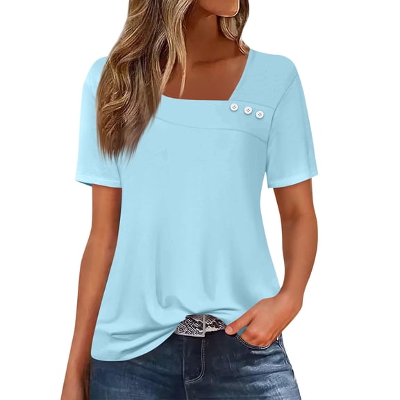 Womens Short Length Sleeve T Shirts Asymmetrical Slant Neck Tops Business Blouses for Women Fashion 2026 Light Blue M