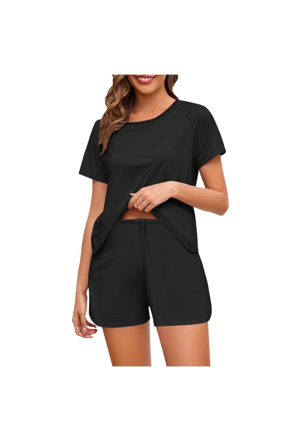 Womens Short Pj Set Women's Solid Color Shorts Set Short Sleeve Tunic Top and Elastic Waisted Shorts Plus Size Lounge Wear