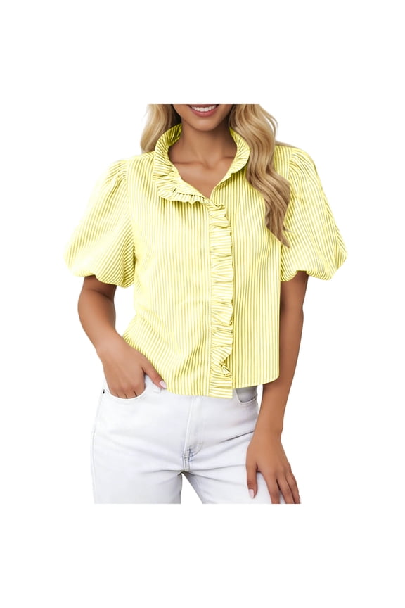 Womens Short Puff Sleeve Button Down Shirts Summer Ruffle Striped Work Tops Stand Collar Trendy Casual Loose Blouse Yellow