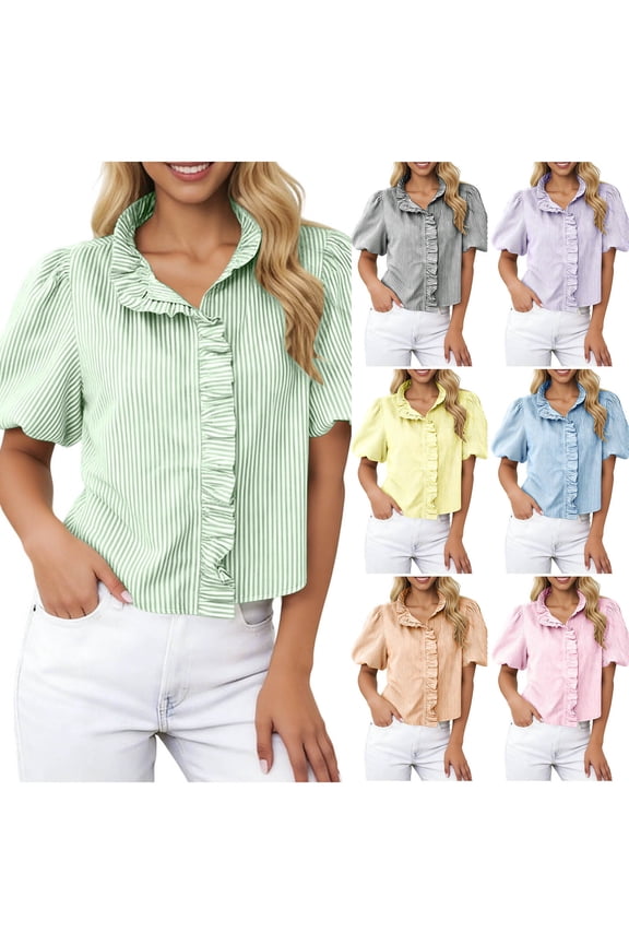 Womens Short Puff Sleeve Button Down Shirts Summer Ruffle Striped Work Tops Stand Collar Trendy Casual Loose Blouse Yellow