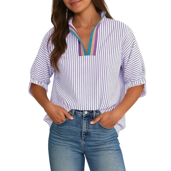 Womens Short Puff Sleeve Striped Blouses Top V Neck Loose Casual Summer Work Blouses Striped Shirt