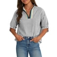 thumbnail image 1 of Womens Short Puff Sleeve Striped Blouses Top V Neck Loose Casual Summer Work Blouses Striped Shirt, 1 of 6