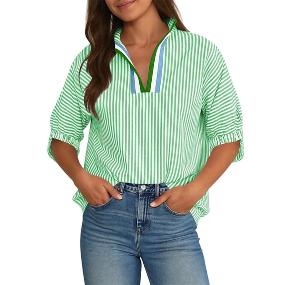 Womens Short Puff Sleeve Striped Blouses Top V Neck Loose Casual Summer Work Blouses Striped Shirt