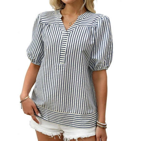 Womens Short Puff Sleeve Striped Blouses Top V Neck Loose Fit Casual Summer Work Blouses Striped Shirt Dark Blue L