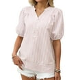 thumbnail image 1 of Womens Short Puff Sleeve Striped Blouses Top V Neck Loose Fit Casual Summer Work Blouses Striped Shirt Pink S, 1 of 6