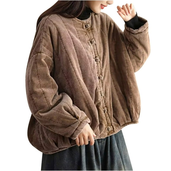 Womens Short Puffer Jacket Lightweight Long Sleeve Down Coat Warm Cropped Oversized Jacket Solid Color Quilted Outerwear (Coffee L)