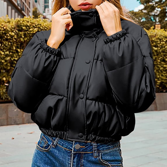 Womens Short Puffer Jacket Stand Collar Puffy For Fashionable Winter Warmth Womens Winter Coats