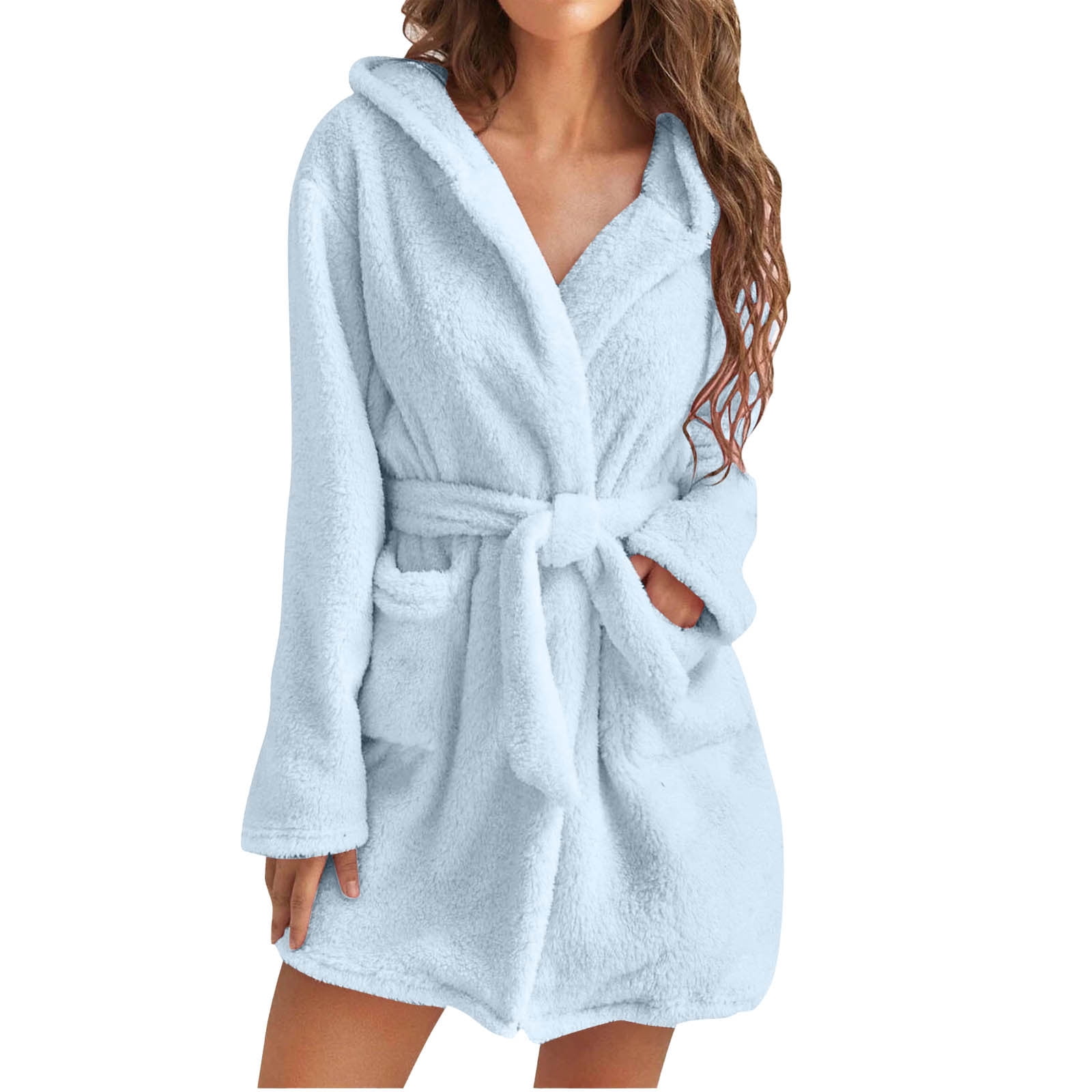 Womens Short Robes Plush Fleece Nightgown Thick Winter Robe Hooded Bathrobe  with Pockets Warm Fluffy Sleepwear Nightwear