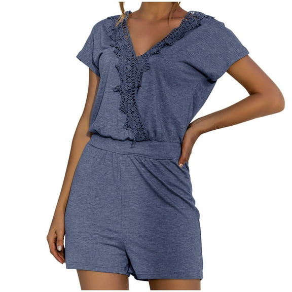Womens Short Rompers for Summer Plain Short Sleeve Lace Trim V Neck Casual Loose Elastic Waist Shorts Beach Jumpsuits