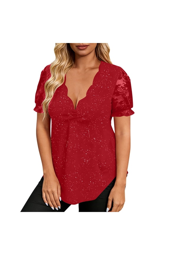 Womens Short Ruffle Sleeve Tops Plus Size Sexy Glitter V Neck Sparkly Tees Summer Fashion Shirts Party Club Night Blouse Sparkle Shirts For Women