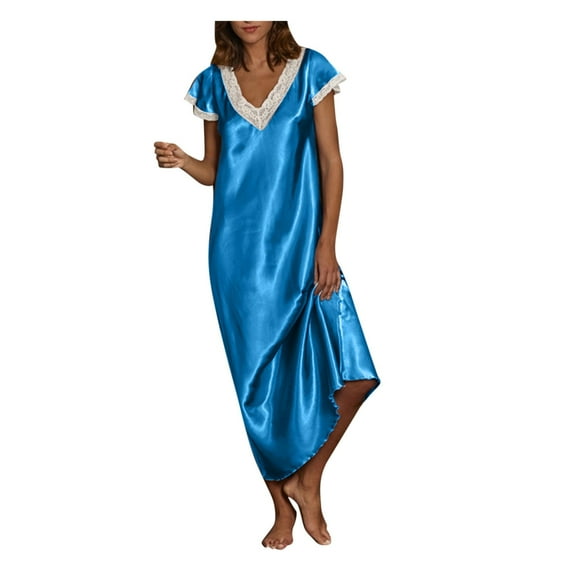 Womens Short S0leeve V Neck Homewear Pajamas Long Dress Nightgowns Sleepwear
