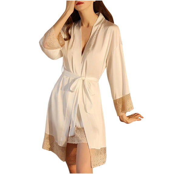 Womens Short Satin Robes Lace Trim Imitation Silk Kimono Sleepwear Bridesmaid Robes for Bride Wedding Party Nightgown (L, White)