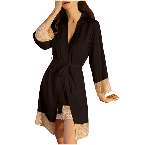 Womens Short Satin Robes Lace Trim Imitation Silk Kimono Sleepwear Bridesmaid Robes for Bride Wedding Party Nightgown (M, Black)