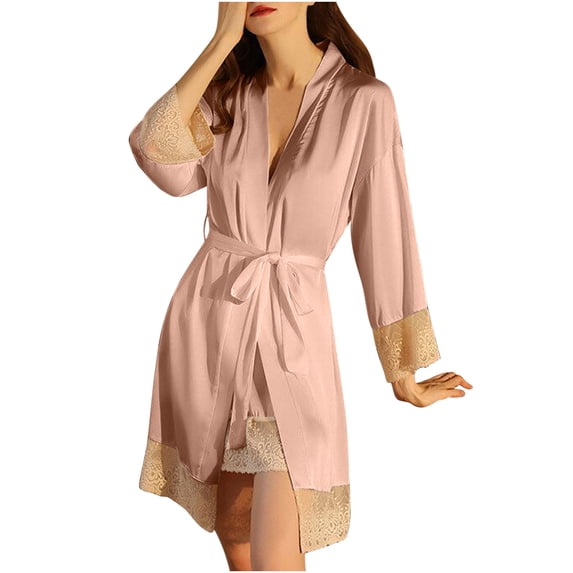 Womens Short Satin Robes Lace Trim Imitation Silk Kimono Sleepwear Bridesmaid Robes for Bride Wedding Party Nightgown (M, Pink)