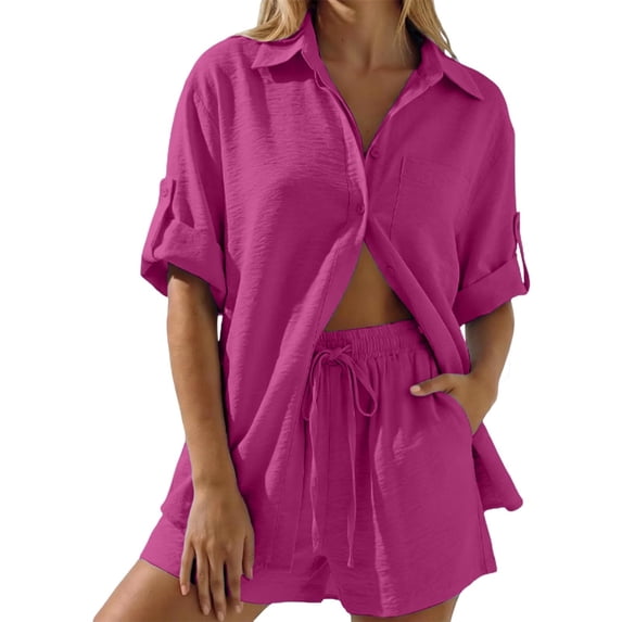 Womens Short Sets 2 Piece Outfit Button Down Shirt Short Womens Spring Outfits Beach Outfits