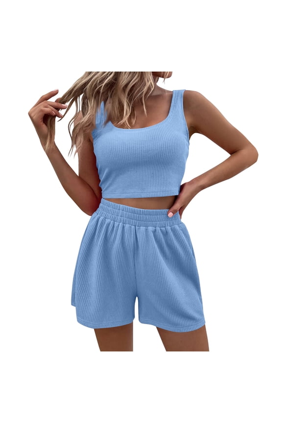 Womens Short Sets 2 Piece Outfits New Fashion 2 Piece Ribbed Crop Tank Tops and Shorts Tracksuit Set Beach Vacation Trendy 2025 Summer Outfits High Waisted Shorts Matching Workout Sets Light Blue L