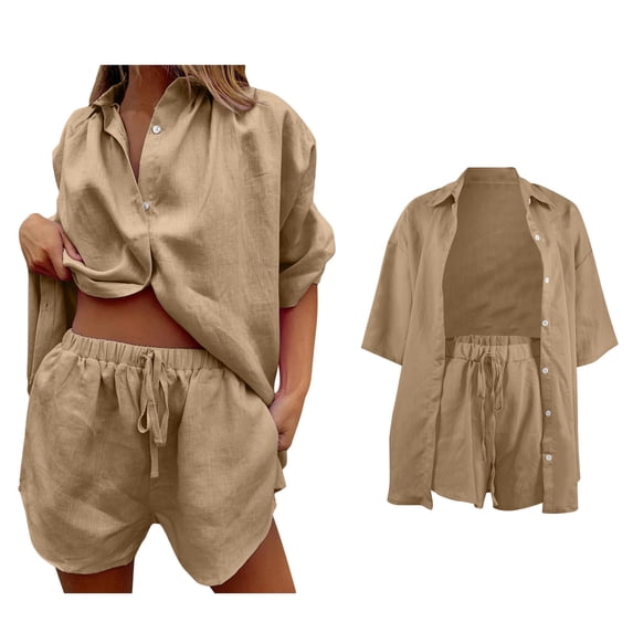 Womens Short Sets 2 Piece Outfits Sets Button Down Shirt Top and Shorts Summer Outfits Trendy Womens Clothes